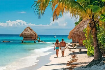 Wall Mural - Tropical beach paradise with blue sea and beautiful summer landscape perfect travel sunny sand coast and ocean island resort for relaxation and happiness in nature horizontal showcasing tourism