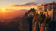 A cliffside monastery in Greece with a serene sunrise