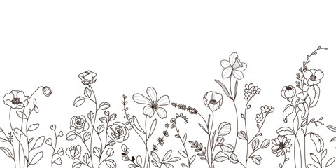 minimal line flower and botanical graphic sketch drawing, trendy tiny tattoo design, floral elements vector illustration
