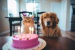 Cat and dog  sitting in front of cake celebrating a birthday party