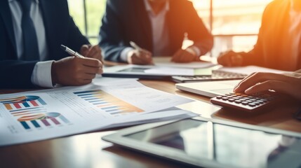 Poster - Corporate professionals analyzing turnover graph, calculating with morning light in background - business partners in action