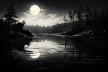 Poster - Tranquil moonlit ponds, reflecting the serenity of the night sky - Generative AI