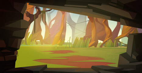 Wall Mural - view from inside cave on forest with tree trunks and green grass on meadow. cartoon vector summer la