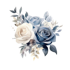 Wall Mural - Watercolor Dusty Blue Flowers Clipart. Blue Roses PNG, Floral Bouquets. Wedding Flowers with transparent background. Floral Wreath Digital Art