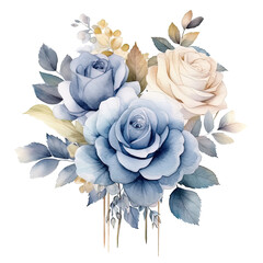 Wall Mural - Watercolor Dusty Blue Flowers Clipart. Blue Roses PNG, Floral Bouquets. Wedding Flowers with transparent background. Floral Wreath Digital Art