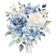 Wall Mural - Watercolor Dusty Blue Flowers Clipart. Blue Roses PNG, Floral Bouquets. Wedding Flowers with transparent background. Floral Wreath Digital Art