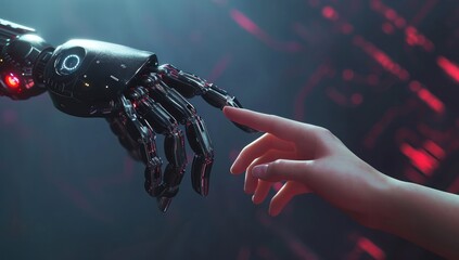 The human finger delicately touches the finger of a robot's metallic finger. Concept of harmonious coexistence of humans and ethical AI technology.