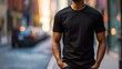 © radekcho - Man model shirt mockup. Boy wearing black t-shirt on street in daylight. T-shirt mockup template on hipster adult for design print. Male guy wearing casual t-shirt mockup placement.