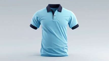 a light blue polo T shirt with dark blue sleeves