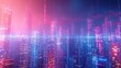 © MdKamrul - Abstract hologram 3D city rendering with futuristic matrix. Digital skyline with a binary code particles network. Technology and connection concept. Architecture background with particle skyscrapers.