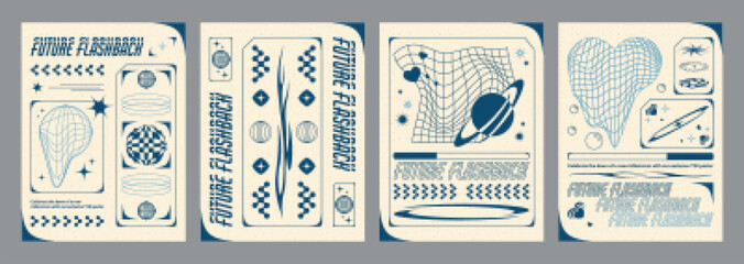 Fototapete - Retro futuristic aesthetic flyers set. Vector realistic illustration of y2k vibe posters with blue wireframe heart, planet shapes on beige background, text frame, groovy icons, retrowave style banners