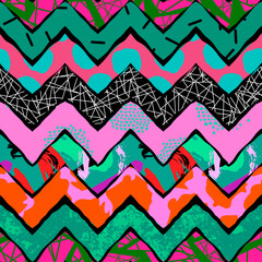 Poster - Colorful seamless pattern with collage art texture. Modern contemporary art background, triangles geometric shape hand drawn print, maximalist patchwork paint