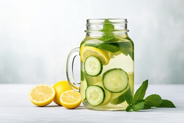 Sticker - Concept of healthcare nutrition and fitness Fresh infused water with lemon cucumber mint served in a glass jar for warm weather Empty space background