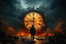Clock Running Into A Background With A Person Going Through, In The Style Of Poster. Time Traveler Background Concept.