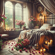 a bedroom with a bed, candles, roses and a window, a stock photo , shutterstock, romanticism, stockphoto, enchanting, stock photo