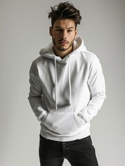 Wall Mural - Man wearing white pullover hoodie with black jeans isolated on plain background