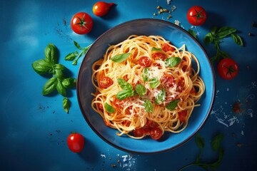 Wall Mural - Delicious pasta with tomato sauce fresh tomatoes basil and cheese in a bowl on a blue table Overhead view