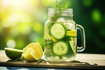 Canvas Print - Detox water with lime cucumber rosemary and ice in a glass jar