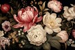 Floral illustration in baroque style featuring vintage peonies tulips lilies and hydrangeas on a black background