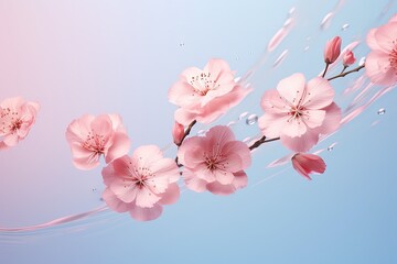 Poster - High resolution image of pink flowers levitating on a pastel pink background capturing the essence of spring