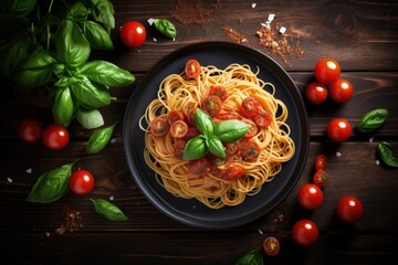 Wall Mural - Italian pasta with tomato basil Parmesan in top view image