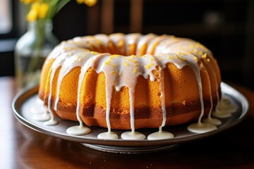 Poster - Lemon cake with powdered sugar glaze on stand