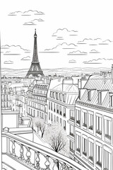 Paris scenery for coloring practice. Coloring page for children in classic style of cartoon.