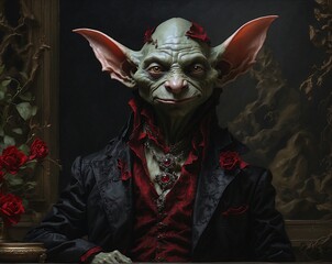 Wall Mural - In a dimly lit setting, a mysteriously elegant goblin-like creature gazes out from an oil painting.