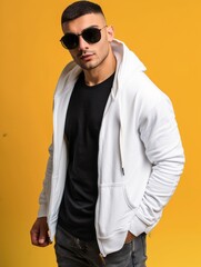 Wall Mural - Man with sunglasses wearing white zipper hoodie, black T-shirt and black jeans isolated on yellow background