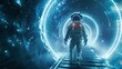 Time Travelers Odyssey. A Futuristic Space Astronaut Emerging from a Glowing Temporal Loop, Embarking on a Journey Through Time and Space.