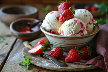 Scoop of Strawberry Ice Cream with Fresh Strawberries, Food background.