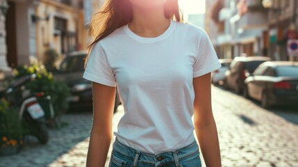 Wall Mural - Woman model shirt mockup. Girl wearing white t-shirt on street in daylight. T-shirt mockup template on hipster adult for design print. Female guy wearing casual t-shirt mockup placement.