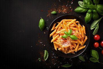 Wall Mural - Top view of penne pasta with tomato sauce parmesan cheese and basil on dark background