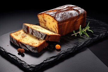 Wall Mural - White background bakery marble cake slice on black plate with ingredients