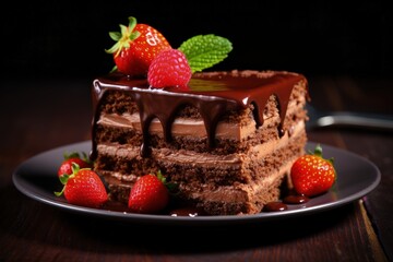 Poster - Yummy cake topped with strawberry on a plate