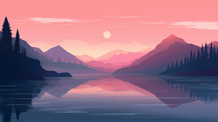 Sticker - Flat Illustration Quiet Mountain Lake at Dawn sky