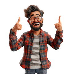 3d cartoon laughing happy smile young hipster man with showing thumbs up expression, isolated on white and transparent background