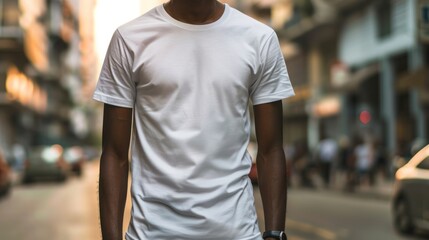 Wall Mural - Man model shirt mockup. Boy wearing white t-shirt on street in daylight. T-shirt mockup template on hipster adult for design print. Male guy wearing casual t-shirt mockup placement.