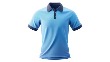 a light blue polo T shirt with dark blue sleeves