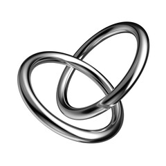 Poster - Two metallic rings connected together isolated. Y2K Futuristic chrome geometric shape background template. Abstract silver metal rings composition