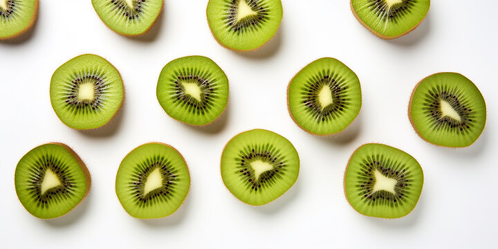 flat lay with kiwi. juicy kiwi fruit cut into halves isolated on white background