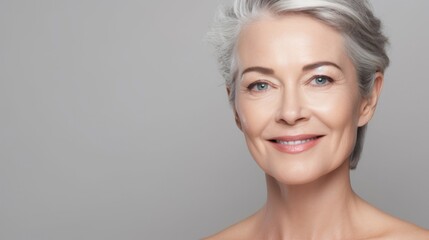Poster - A close-up portrait of a beautiful charming middle-aged woman, looking great with wrinkled, well-groomed skin on her face against a gray background from a copy space. Advertising age-related skin care