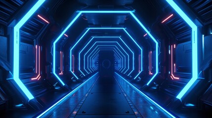 Three dimensional render of dark futuristic corridor illuminated by blue neon lights