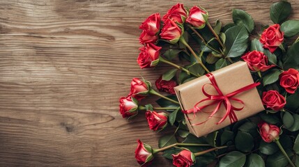 Wall Mural - Valentines concept with bouquet of roses and wrapped gift box on wooden table