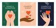 Helping hand vector illustration. Banners set of donation, charity event, foundation. Diversity human hands give or take heart shapes. People donate money, blood, sharing love. Social help care poster