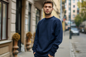 Wall Mural - Navy-blue sweatshirt mockup wearing by a male model - Round neck sweatshirt mockup