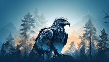 An Eagle In A Forest , Double Exposure, Gradient Blue-green And Orange Sunset Background.