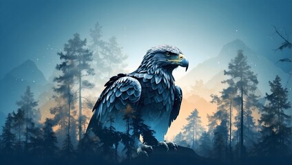 An eagle in a forest , double exposure, gradient blue-green and orange sunset background.