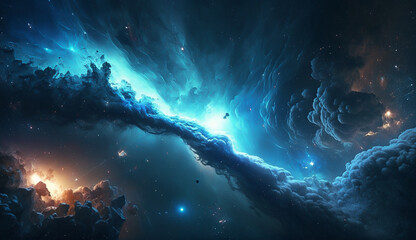 Colorful dark blue nebula in space