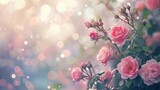 Fototapeta Kwiaty - A Photo Capturing Cute Roses and Spring Flowers in a Playful Flight, Against a Pastel Bokeh Background, Conjuring a Symphony of Springtime Delight